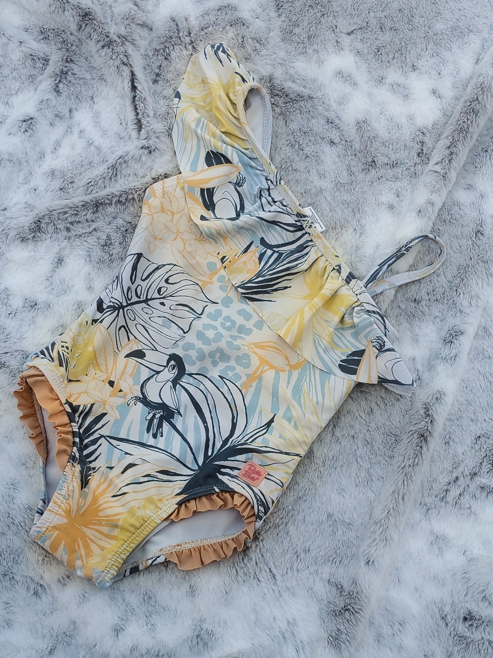 Ruffle Butt Girls Yellow & Blue Tropical One-Piece Swimsuit with Ruffle Trim